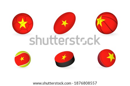Sports equipment with flag of Vietnam. Sports icon set of Football, Rugby, Basketball, Tennis, Hockey, Cricket.