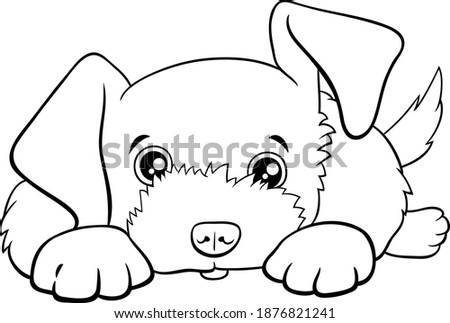 Black and white cartoon illustration of cute puppy comic animal character coloring book page