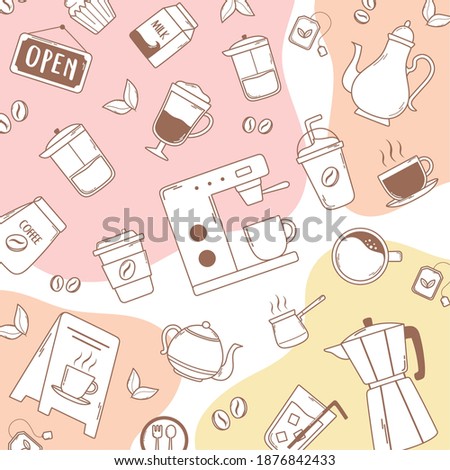 coffee machine frappe latte moka pot kettle and beans pink background vector illustration