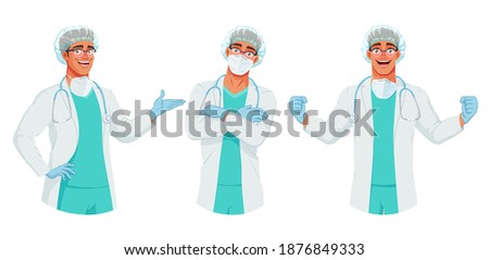 Doctor in hat, mask, and gloves in different poses. Presenting, arms crossed over chest, raising hands up. Full size isolated vector illustration under clipping mask.