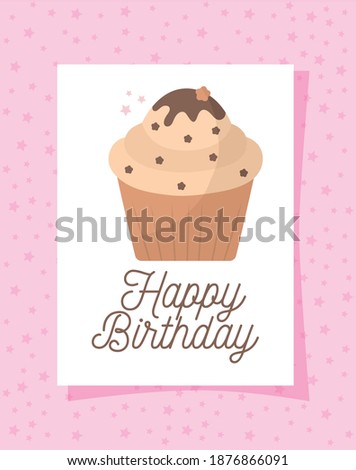 cupcake card with happy birthday lettering on a pink background vector illustration design