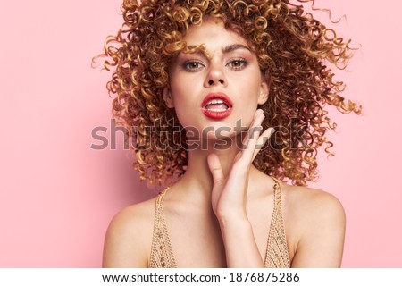 Attractive Close-up of wide open mouth with makeup girl fashion clothes pink background Copy space 