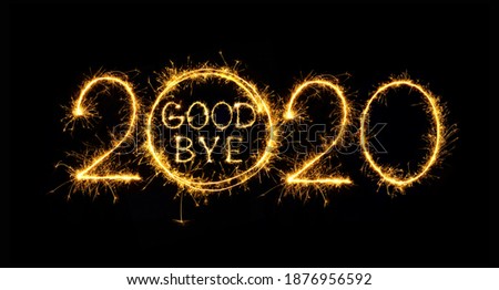 Goodbye outgoing 2020 year. Beautiful creative holiday web banner or flyer with Golden sparkling text Goodbye in number 2020 on black background. Object for design Royalty-Free Stock Photo #1876956592