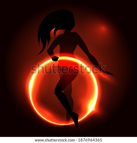 Girl with a hula hoop. Night dancing in red neon