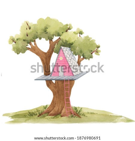 Beautiful stock illustration with cute watercolor tree house for children.