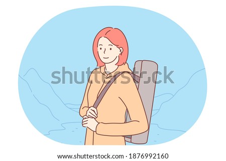 Hiking, traveling on nature, mountain tourism concept. Young happy girl cartoon character tourist backpacker hiker standing during journey with mountain valley on background vector illustration 