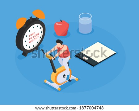 Woman working out on stationary bike isometric 3d vector concept for banner, website, illustration, landing page, flyer, etc.
