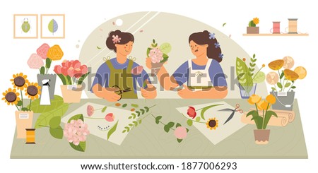 Floral art flower arrangement service flat compositions with 2 florists making beautiful gift bouquets vector illustration Royalty-Free Stock Photo #1877006293