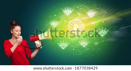 Young person yelling in megaphone and bitcoin icon, currency exchange concept