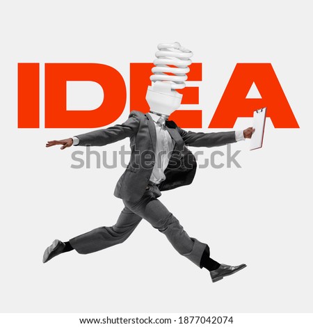 Manager headed by lightbulb running with fresh idea. Copyspace to insert your text. Modern design. Contemporary art. Creative conceptual and colorful collage. Office worker lifestyle concept. Royalty-Free Stock Photo #1877042074