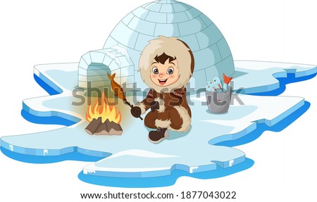 Cartoon Arctic eskimo with bonfire and fish Royalty-Free Stock Photo #1877043022