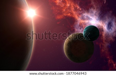 Deep space planets. Abstract space wallpaper, cosmic landscape. Galaxy and nebula in deep outer space. Elements of this image furnished by NASA. 