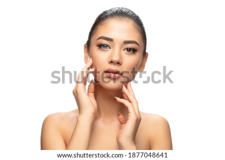 Beautiful asian woman with heterochromia isolated on white studio background. Copyspace for ad. Concept of beauty, fashion, healthcare, skincare. Complete special eyes colour, blue and brown.