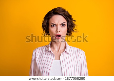 You cant be serious. Astonished frustrated girl hear failure mistake novelty feel questioned open mouth wear good look clothes isolated over vivid color background Royalty-Free Stock Photo #1877058280