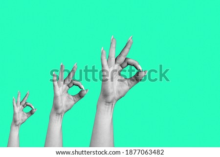Art collage of female hands gesturing of okay sign isolated on green background.
