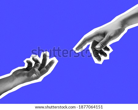 Two hands reaching out towards each other isolated on purple background. Royalty-Free Stock Photo #1877064151