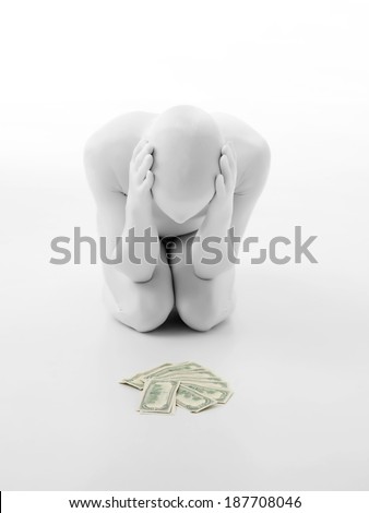 faceless man dressed in white, with pile of money in front, hopeless gesture