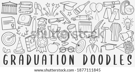 Graduation, doodle icon set. School Style Vector illustration collection. Education Banner Hand drawn Line art style.