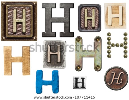 Alphabet made of wood, metal, plasticine. Letter H