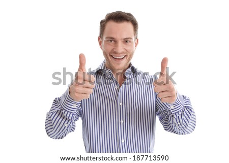 Portrait of isolated handsome successful businessman with thumbs up. 