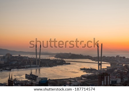 Vladivostok cityscape, sunset. Winter.