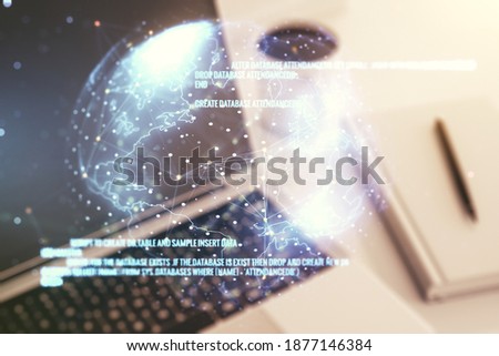Double exposure of abstract creative programming illustration with world map on computer background, big data and blockchain concept