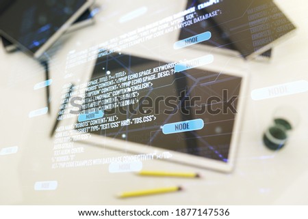 Double exposure of abstract creative programming illustration and modern digital tablet on background, big data and blockchain concept
