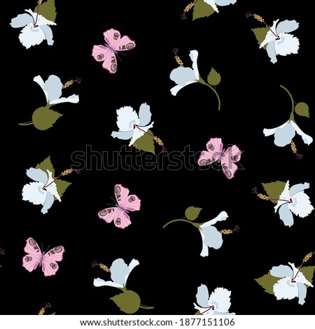 Seamless vector pattern with tropical butterflies and flowers hibiscus on a black background. Wallpaper, textile, print design.