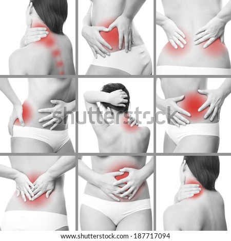 Pain in a woman's body. Isolated on white background. Collage of several photos