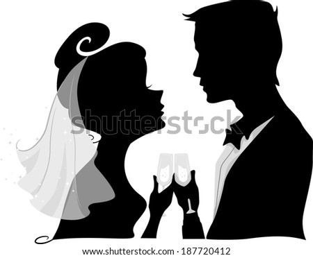Illustration Featuring the Silhouette of a Bride and Groom Doing a Wedding Toast