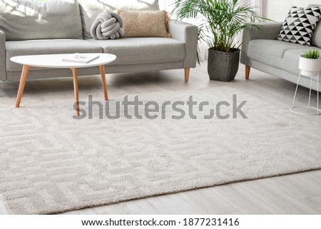 Stylish interior of living room with carpet and sofas Royalty-Free Stock Photo #1877231416