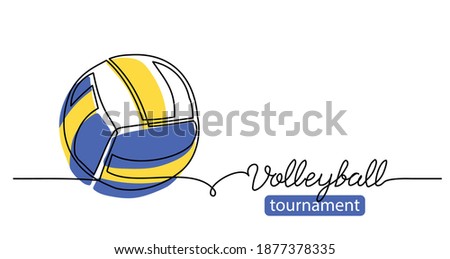 Volleyball tournament simple vector background, banner, poster with color ball sketch. One line drawing art illustration of volleyball ball.