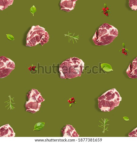 Seamless Pattern with raw pork meat slices on olive green background, food pattern