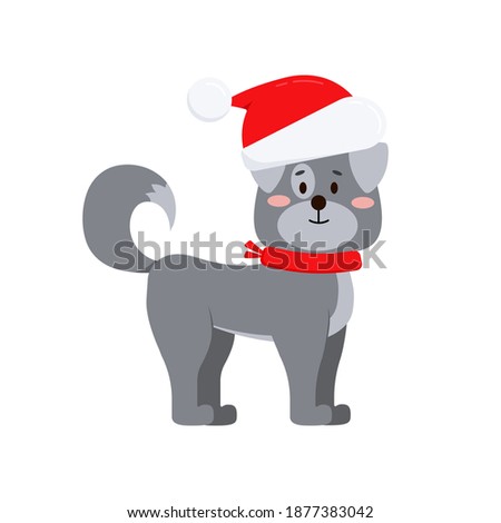 Christmas cute dog isolated on white background. Grey domestic happy puppy in red scarf and santa claus hat. Flat design cartoon style xmas holiday animal character vector illustration.