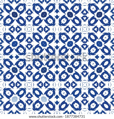 Portuguese ornamental azulejo ceramic. Vector seamless pattern watercolor. Universal design. Blue vintage backdrop for wallpaper, web background, towels, print, surface texture, pillows.