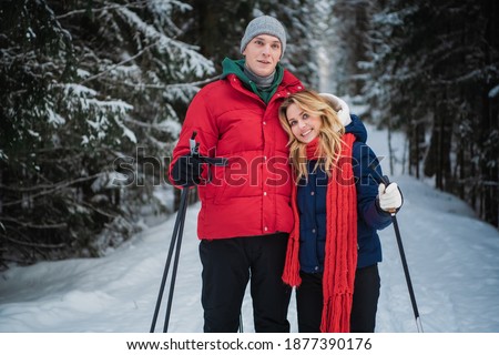A beautiful woman and her companion are skiing along the fir trees in the winter in the forest on a weekend.