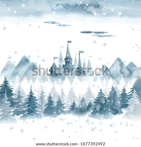 Winter landscape,fairy forest with castle.Watercolor hand painted illustration.
