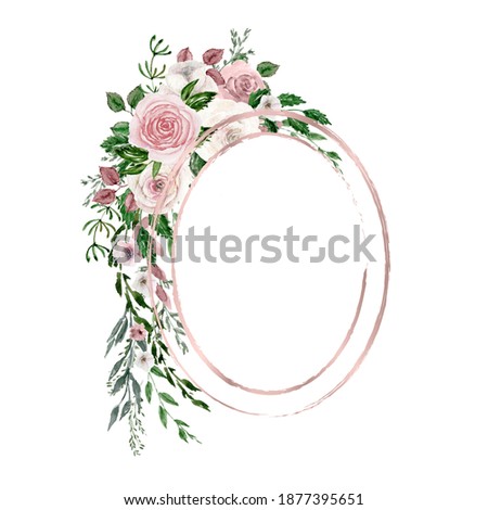 Watercolor oval frame. Pink foliage geometric frame. Decorated with pink and white flowers and leaves. Herbal greenery composition. Save the date, wedding, birthday invitation, shower