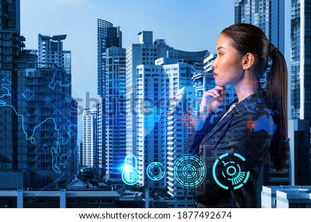 Attractive young Asian cybersecurity developer thinking about new concepts at security compliance division to protect clients confidential information. IT lock icons over Bangkok background.