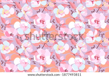 Vector floral seamless pattern. Pink and white garden flowers with orange leaves isolated on a light orange background. Beautiful chinese rose for fabric, wallpaper, kitchen textile, banners, cards.