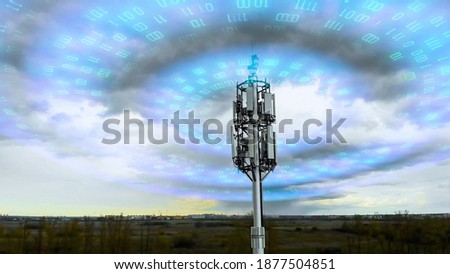 Cellular tower spreading signal 5g, 4g, 3g. Wave radiation effect of mobile tower Royalty-Free Stock Photo #1877504851