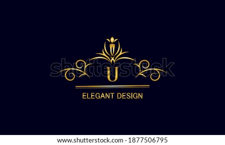 Golden monogram on a black background with the letter U. Graceful logo with the initial. Universal emblem, symbol of restaurant, business, greeting cards, invitations.