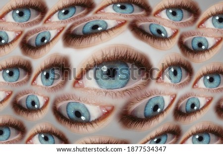 Psychedelic abstract background of distorted eye pattern with one big eye looking real eyes with blue colors splash