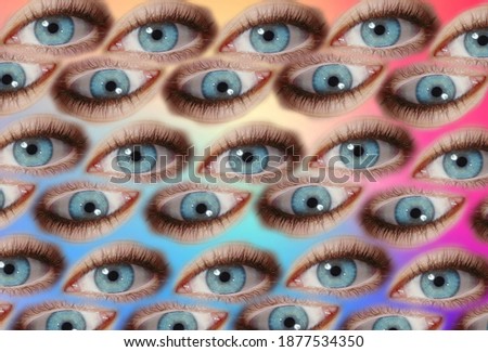 Weird background pattern of multiple psychedelic blue eyes in multicolor with rainbow background 