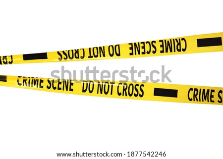 Yellow crime scene tapes isolated on white Royalty-Free Stock Photo #1877542246
