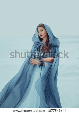Art photo. Fantasy young woman fairy elf in blue cape with hood stands in cold wind. Winter nature background, white snow. Girl Queen walks in medieval dress, silk cloak, fabric is waving, fluttering. Royalty-Free Stock Photo #1877549644