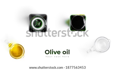 Olive oil in green bottle isolated on white background. Long header banner format. Panorama website header banner. High quality photo