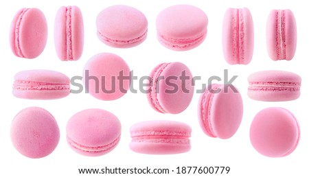 Isolated strawberry macaron collection. 15 pink macaroons with white and pink creme isolated on white background