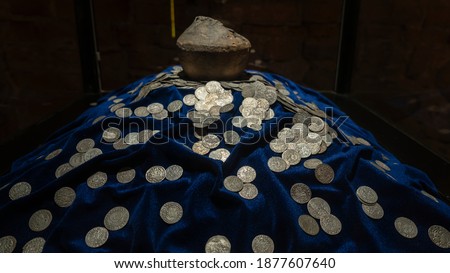Treasure of ancient coins. Cash, money.