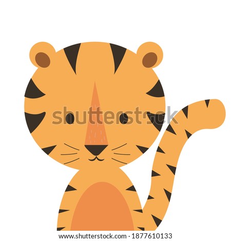 Baby tiger with stripes smiling, stylish Scandinavian isolated on white background. Portrait for decoration, print, poster or baby shower.